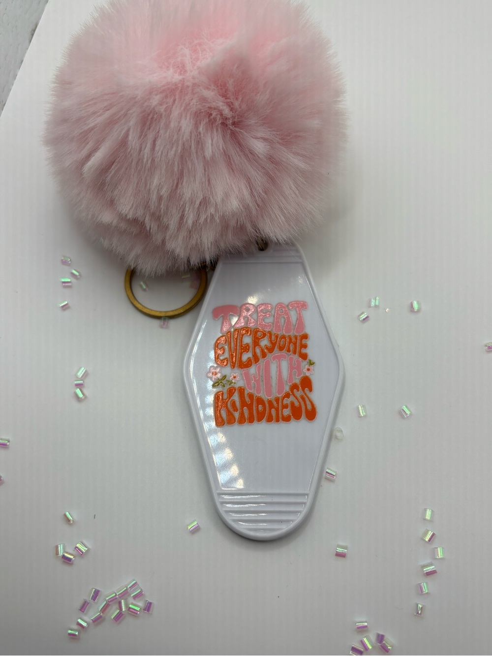 Pink Pom Pom Keychain Phone Charm with "Treat Everyone With Kindness"